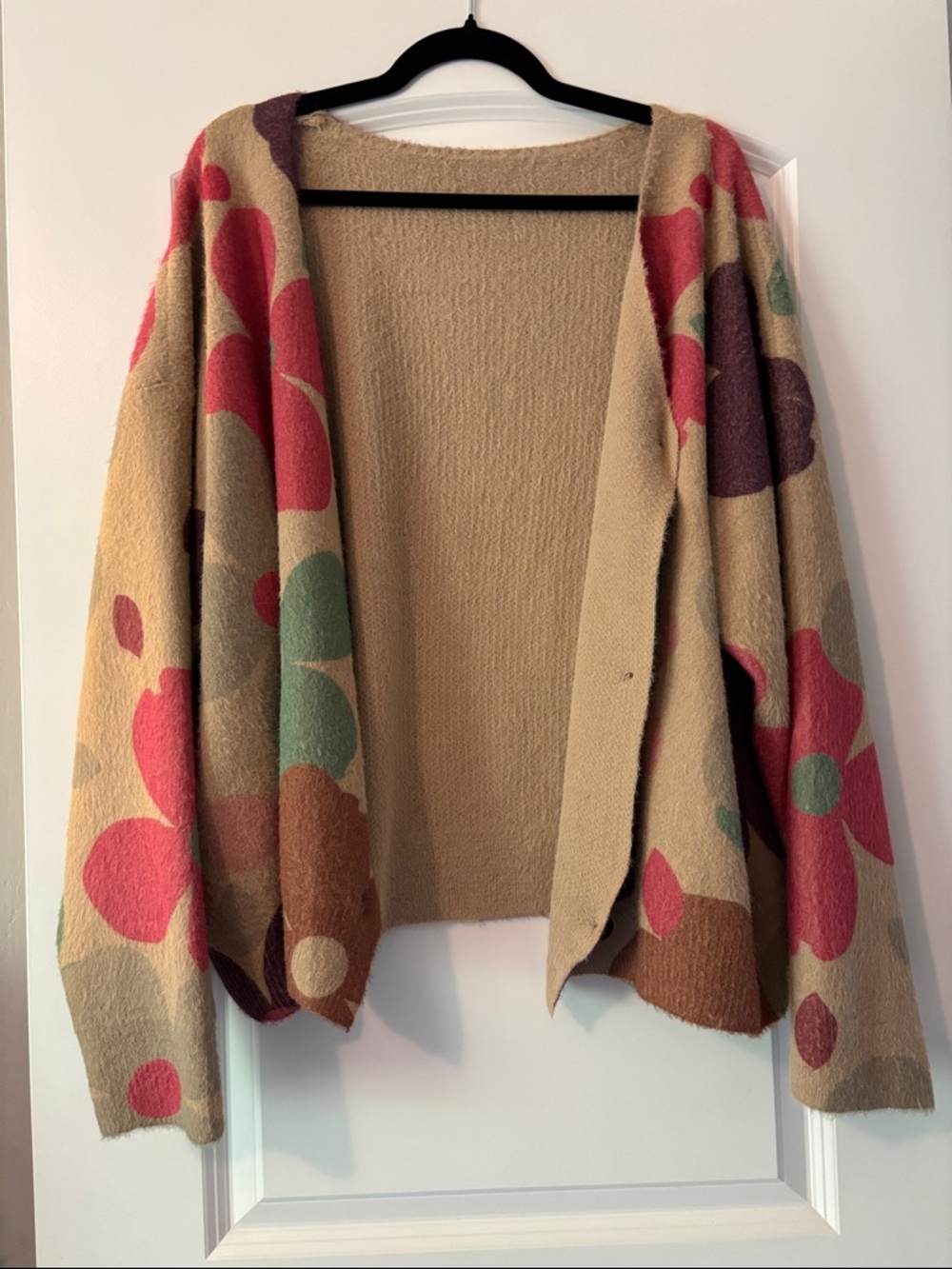 5XL-Floral Pattern V-Neck Cardigan Sweater in Beige with Pink & Green - Picture 4 of 6